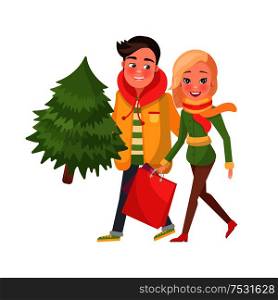 Merry couple return, from shopping, Christmas tree and packages in hands. Happy Young family getting ready to Xmas eve. Man and woman with spruce isolated vector on white background. Merry Couple Returns from Shopping, Christmas Tree