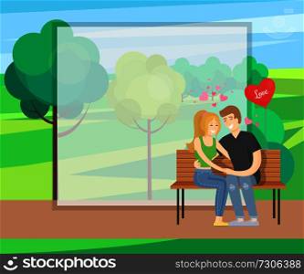 Merry couple sits on bench tenderly holding hands, heart shape balloon near them vector in green park near trees, rural landscape, frame for text. Merry Couple Sits on Bench Tenderly Holding Hands