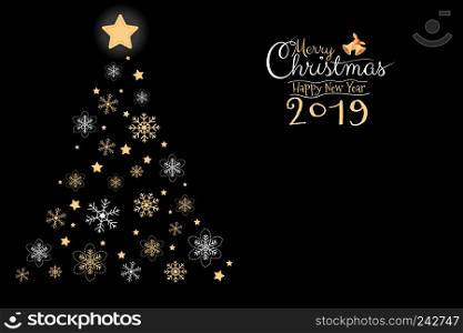 Merry Cristmas and Happy New Year 2019 greeting card, banner, brochure with black background with copy sspace. Calligraphy hand script vector illustration..