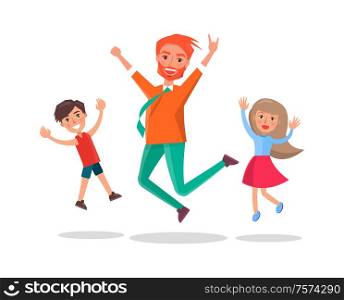 Merry father and kids jumping of fun isolated. Vector dad, son and daughter having fun together. Male parent and children joyfully leaping, happy childhood. Merry Father and Kids Jumping of Fun Isolated