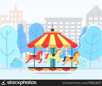 Merry-go-round in urban winter park with cityscape view. Colorful carousel with horses objects near snowy trees and high buildings. Entertainment element outdoor near wood and construction vector. Carousel in Winter Park with Cityscape View Vector