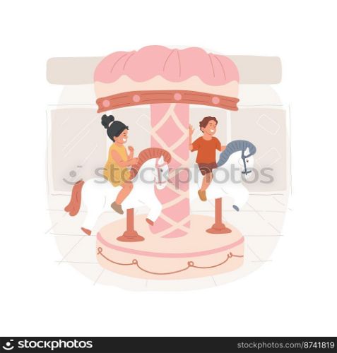Merry-go-round isolated cartoon vector illustration. Amusement for kids, mini indoor carousel, child sitting on a toy horse, children riding, merry-go-round in shopping mall vector cartoon.. Merry-go-round isolated cartoon vector illustration.