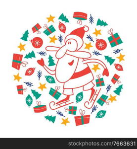 Merry Santa Claus on skates surrounded by gifts, Christmas trees, stars and Christmas decorations. Vector illustration on a white background.. New Year’s Christmas card, vector illustration.