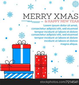 Merry xmas and happy new year greeting card. Winter holidays congratulation banner with gift boxes in trendy linear style. Christmas postcard, creative vector illustration.. Merry xmas and happy new year card