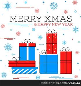 Merry xmas and happy new year greeting card. Winter holidays congratulation banner with gift boxes in trendy linear style. Christmas postcard, creative vector illustration.. Merry xmas and happy new year card
