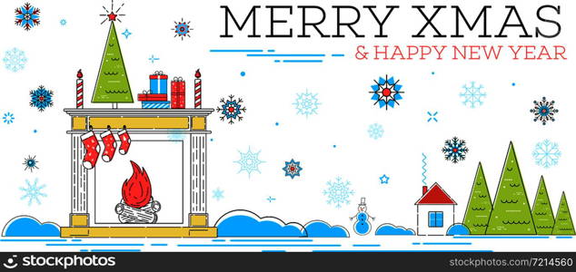 Merry xmas and happy new year greeting card. Winter holidays congratulation banner with fireplace, christmas tree, gift boxes in trendy linear style. Christmas postcard, creative vector illustration.. Merry xmas and happy new year card