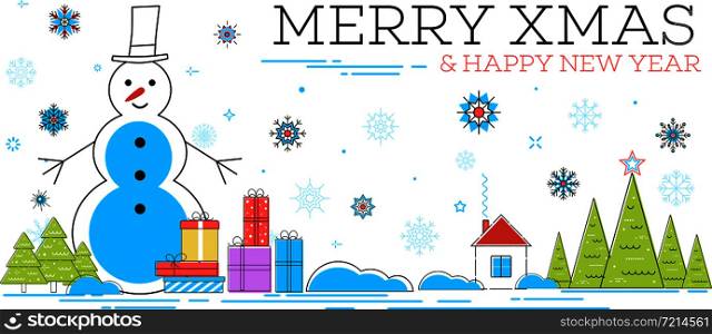 Merry xmas and happy new year greeting card. Winter holidays congratulation banner with christmas tree, snowman, snowflakes in trendy linear style. Christmas postcard, creative vector illustration.. Merry xmas and happy new year card
