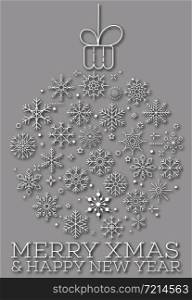 Merry xmas and happy new year greeting card. Winter holidays congratulation banner with christmas ball and snowflakes in trendy linear style. Christmas postcard, creative vector illustration.. Merry xmas and happy new year card
