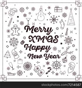 Merry xmas and happy new year greeting card. Winter holidays congratulation banner in trendy linear style. Christmas postcard, creative decoration vector illustration.. Merry xmas and happy new year card