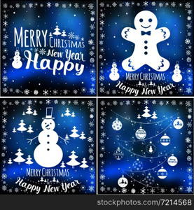 Merry xmas and happy new year greeting cards set. Winter holidays congratulation banners with christmas tree, snowman and snowflakes on blurred background, creative vector illustration.. Merry xmas and happy new year cards set