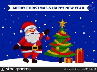 Merry Xmas and Happy New Year poster with Santa Claus decorating tree by color ball. Christmas Father and winter holiday symbol vector illustration. Merry Christmas Happy New Year Poster with Santa