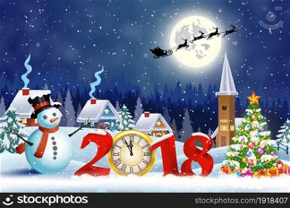 meryy Christmas and happy new year greeting card on winter village. Santa Claus with deers in sky above the city. Vector illustration. concept for greeting or postal card. 2018 with clock. Christmas vintage greeting card on winter village