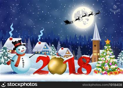 meryy Christmas and happy new year greeting card on winter village. Santa Claus with deers in sky above the city. Vector illustration. concept for greeting or postal card. 2018 with ball. Christmas vintage greeting card on winter village