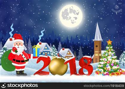 meryy Christmas and happy new year greeting card on winter village. Santa Claus with deers in sky above the city. Vector illustration. concept for greeting or postal card. 2018 with ball. Christmas vintage greeting card on winter village