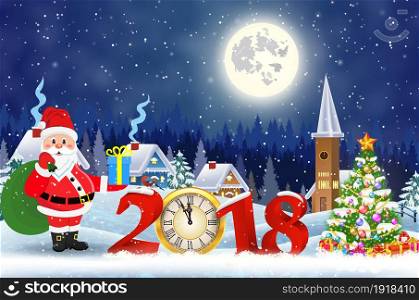 meryy Christmas and happy new year greeting card on winter village. Santa Claus with deers in sky above the city. Vector illustration. concept for greeting or postal card. 2018 with clock. Christmas vintage greeting card on winter village