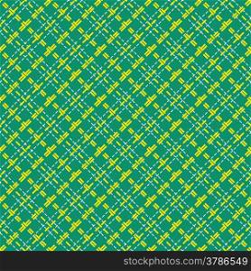 Mesh diagonal seamless vector pattern with single and double dashed lines. Repeat background with yellow geometrical array over green background. Seamless mesh diagonal pattern over green