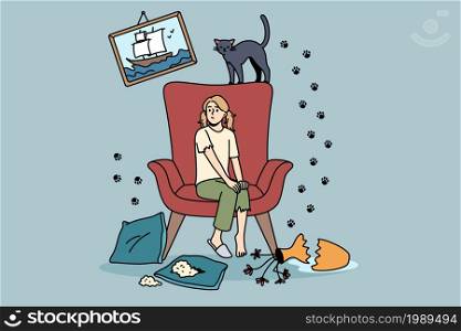 Mess and disorder from cat concept. Young frustrated girl sitting on armchair looking at broken vase and prints on wall from her cat vector illustration . Mess and disorder from cat concept