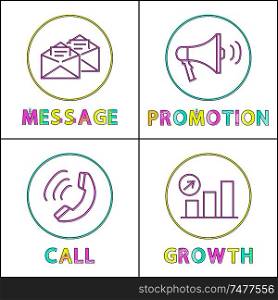 Message and promotion, call and growth of chart icons set. Letters in envelope and loudspeaker. Phone and diagram isolated on vector illustration. Message and Promotion Set Vector Illustration