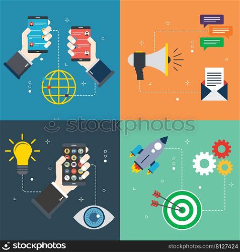 Message app, communication, innovation, competition and business icons. Concepts of message app, communication, innovation digital, competition digital. Flat design icons in vector illustration.