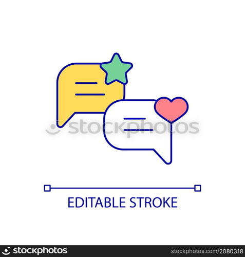 Message bubbles RGB color icon. Custom emojis and badges. Online conversation. Real time communication. Isolated vector illustration. Simple filled line drawing. Editable stroke. Arial font used. Message bubbles RGB color icon
