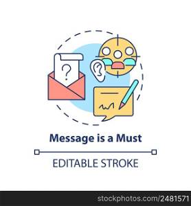Message is must concept icon. Characteristic of communication abstract idea thin line illustration. Written content. Isolated outline drawing. Editable stroke. Arial, Myriad Pro-Bold fonts used. Message is must concept icon