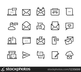 Message line icons. Email and text communication, phone message and online notification. Vector mobile conversation icon set for receive newsletter or mail messaging. Message line icons. Email and text communication, phone message and online notification. Vector mobile conversation icon set
