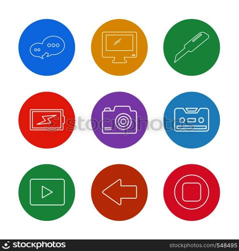 message , monitor , cutter , battery , click , casette , play ,youtube , left ,arrow , stop , icon, vector, design, flat, collection, style, creative, icons