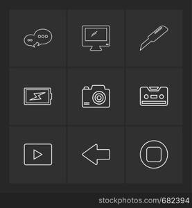 message , monitor , cutter , battery , click , casette , play ,youtube , left ,arrow , stop , icon, vector, design, flat, collection, style, creative, icons