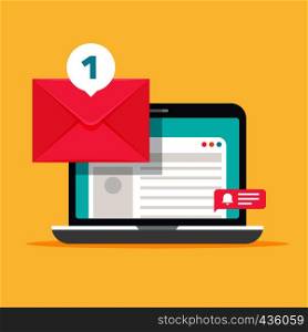 Message on computer screen. Mailing vector concept with envelope and laptop. Cartoon envelope mail message on laptop screen illustration. Message on computer screen. Mailing vector concept with envelope and laptop