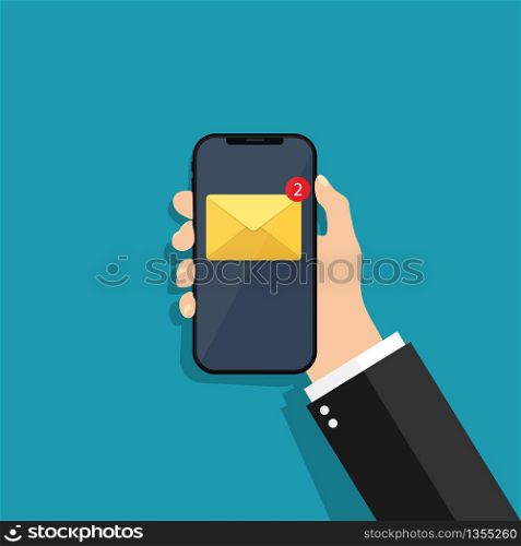 Message on phone screen. Hand holding mobile with new email, sms. Notifications with alert on smartphone screen. Man receive newsletter. Incoming or send envelope mail. Businessman concept. Vector.. Message on phone screen. Hand holding mobile with new email, sms. Notifications with alert on smartphone screen. Man receive newsletter. Incoming or send envelope mail. Businessman concept. Vector