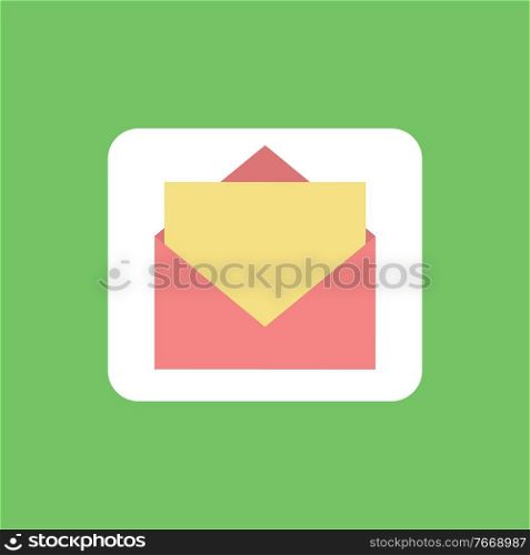 Message paper with info in envelope vector, card correspondence isolated icon. Business chatting, document with letter, mail postal delivery of data. Message Paper with Info in Envelope Card Icon