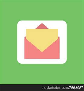 Message paper with info in envelope vector, card correspondence isolated icon. Business chatting, document with letter, mail postal delivery of data. Message Paper with Info in Envelope Card Icon