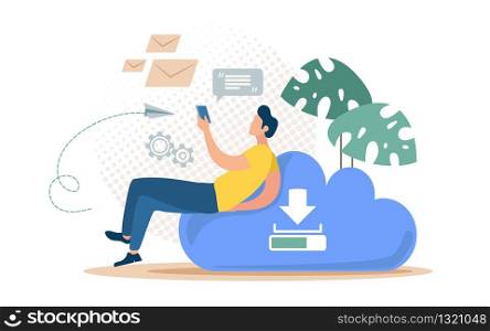 Messages Backup Online Service Flat Vector Concept. Man Sitting on Cloud with Cellphone, Messaging, Chatting in Social Network, Downloading and Sharing Files with Friends in Internet Illustration