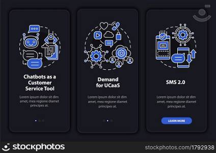 Messaging dark onboarding mobile app page screen. Customer service tool walkthrough 3 steps graphic instructions with concepts. UI, UX, GUI vector template with linear night mode illustrations. Messaging dark onboarding mobile app page screen