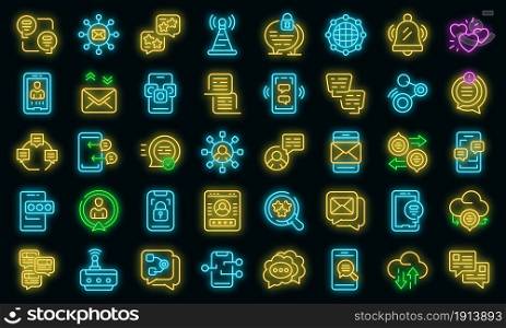 Messaging network icons set. Outline set of messaging network vector icons neon color on black. Messaging network icons set vector neon