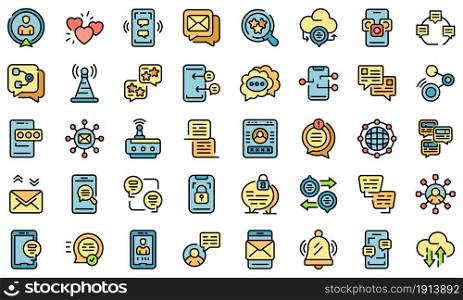 Messaging network icons set. Outline set of messaging network vector icons thin line color flat isolated on white. Messaging network icons set line color vector