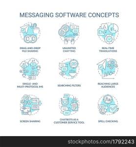 Messaging software blue concept icons set. Unlimited chatting. Spell checking. Online communication service idea thin line color illustrations. Vector isolated outline drawings. Editable stroke. Messaging software blue concept icons set