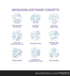 Messaging software blue gradient concept icons set. Unlimited chatting. Spell checking. Online communication service idea thin line color illustrations. Vector isolated outline drawings. Messaging software blue gradient concept icons set