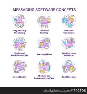 Messaging software concept icons set. Unlimited chatting. Spell checking. Online communication service idea thin line color illustrations. Vector isolated outline drawings. Editable stroke. Messaging software concept icons set