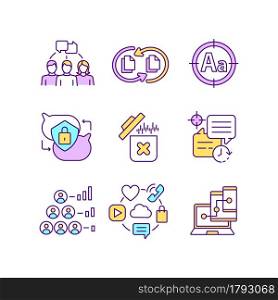 Messaging software RGB color icons set. Group chat. File sharing. Spell check. Private texting. Cross platform synchronization. Isolated vector illustrations. Simple filled line drawings collection. Messaging software RGB color icons set