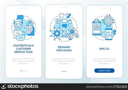 Messaging software trend blue onboarding mobile app page screen. Service tool walkthrough 3 steps graphic instructions with concepts. UI, UX, GUI vector template with linear color illustrations. Messaging software trend blue onboarding mobile app page screen