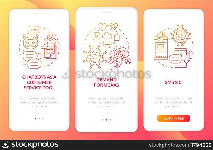 Messaging software trend red onboarding mobile app page screen. Customer service tool walkthrough 3 step graphic instructions with concepts. UI, UX, GUI vector template with linear color illustrations. Messaging software trend red onboarding mobile app page screen