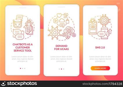 Messaging software trend red onboarding mobile app page screen. Customer service tool walkthrough 3 step graphic instructions with concepts. UI, UX, GUI vector template with linear color illustrations. Messaging software trend red onboarding mobile app page screen