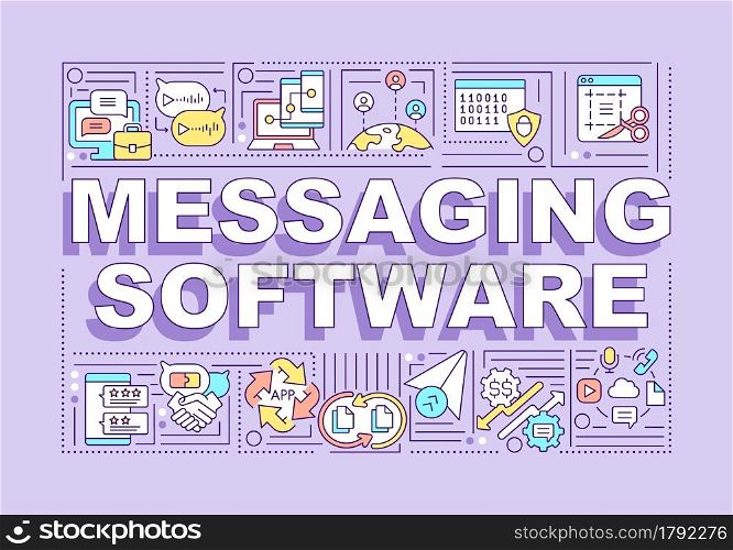 Messaging software word concepts banner. Online communication service. Infographics with linear icons on purple background. Isolated creative typography. Vector outline color illustration with text. Messaging software word concepts banner