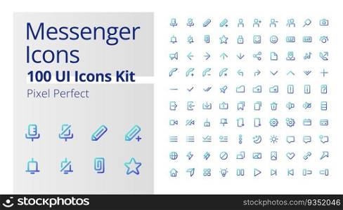 Messenger application pixel perfect gradient linear ui icons kit. Online interaction. Line contour user interface symbols. Modern style pictograms. Vector isolated outline illustrations. Messenger application pixel perfect gradient linear ui icons kit