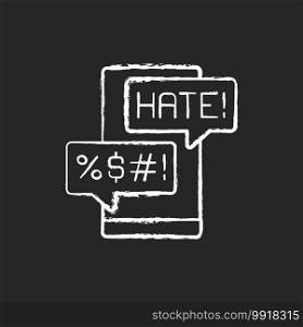 Messenger cyberbullying chalk white icon on black background. Hate comments. Email with offensive content. Mail attack on social media account. Isolated vector chalkboard illustration. Messenger cyberbullying chalk white icon on black background