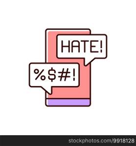 Messenger cyberbullying RGB color icon. Hate comments. Email with offensive content. Mail attack on social media account. Cyberbullying with phone message. Isolated vector illustration. Messenger cyberbullying RGB color icon