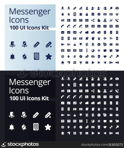 Messenger glyph ui icons kit for dark, light mode. Online communication. Silhouette symbols for night, day themes. Solid pictograms. Vector isolated illustrations. Poppins font used. Messenger glyph ui icons kit for dark, light mode