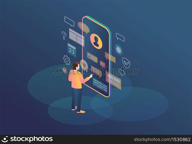 Messenger isometric color vector illustration. Virtual UI. Person using smartphone. Online communication. Augmented reality. Personal organizer, reminder. Chatting. Webpage, mobile app 3d concept. Messenger isometric color vector illustration