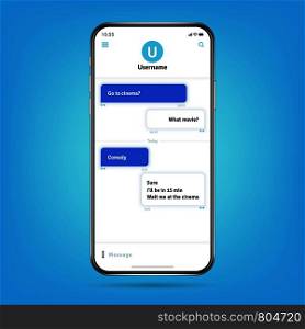 Messenger like whatsapp with bubble frames for messages on smartphone screen vector illustration. Phone communication, mobile message. Messenger like whatsapp with bubble frames for messages on smartphone screen vector illustration